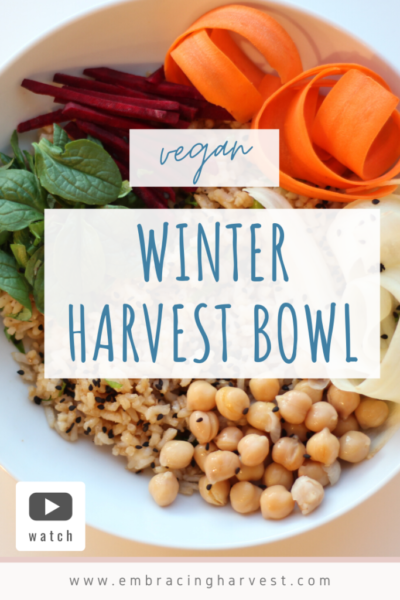 vegan winter harvest bowl with mache lettuce