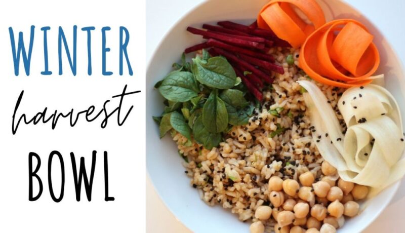 vegan winter harvest bowl with mache lettuce